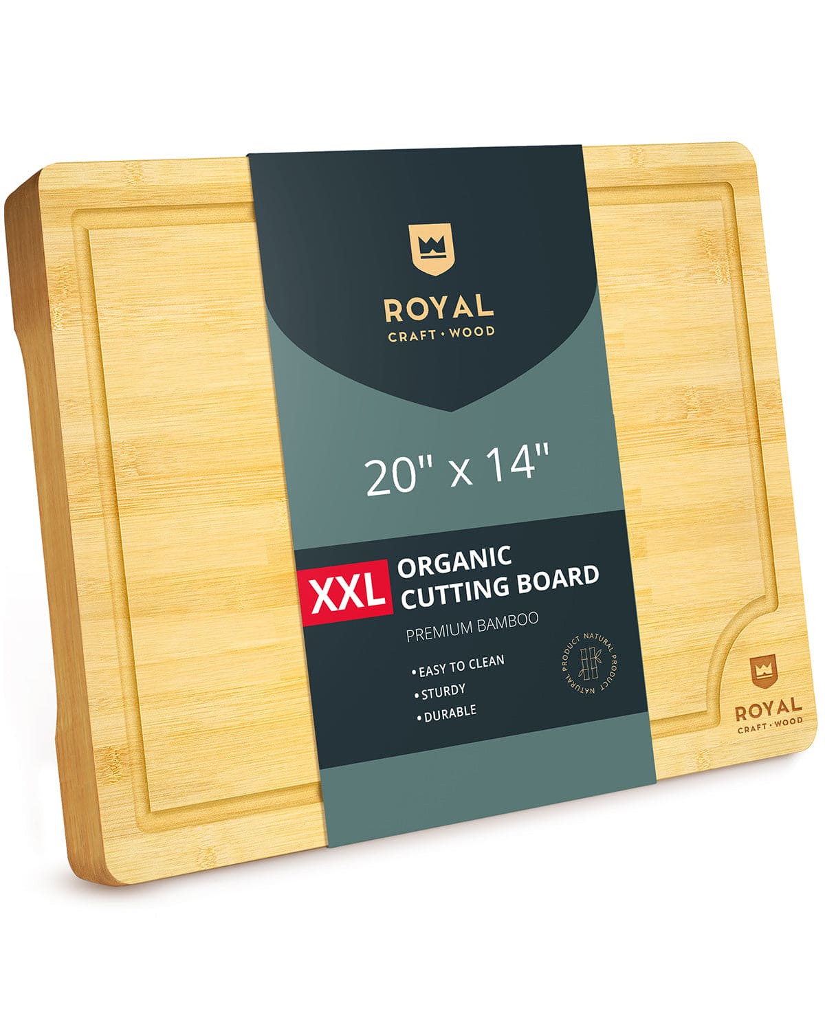 Extra large rectangular wooden cutting board with a built-in juice groove and natural wood finish