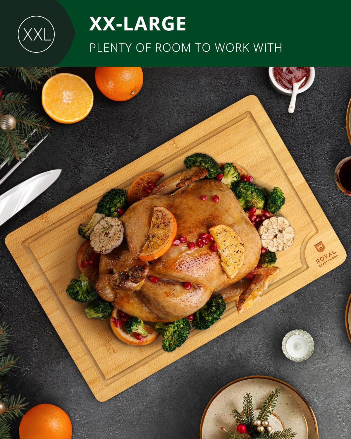 Extra large rectangular wooden cutting board with a built-in juice groove and natural wood finish — view 5