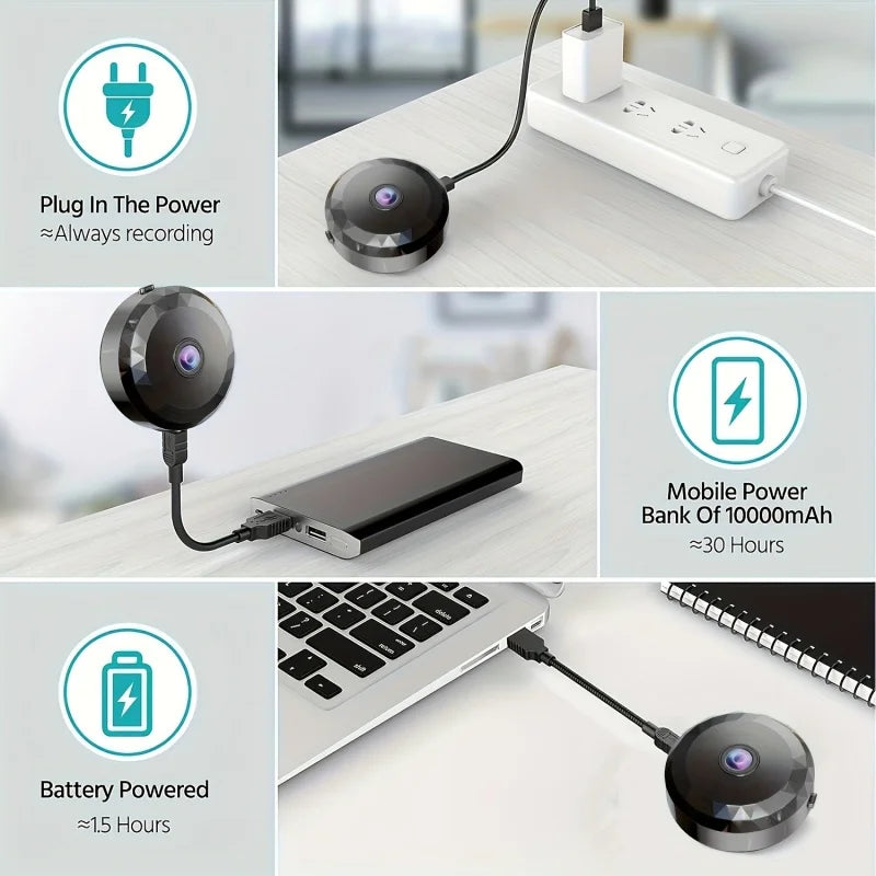 Compact black mini wireless security camera with magnetic base and 1080P HD lens — view 5