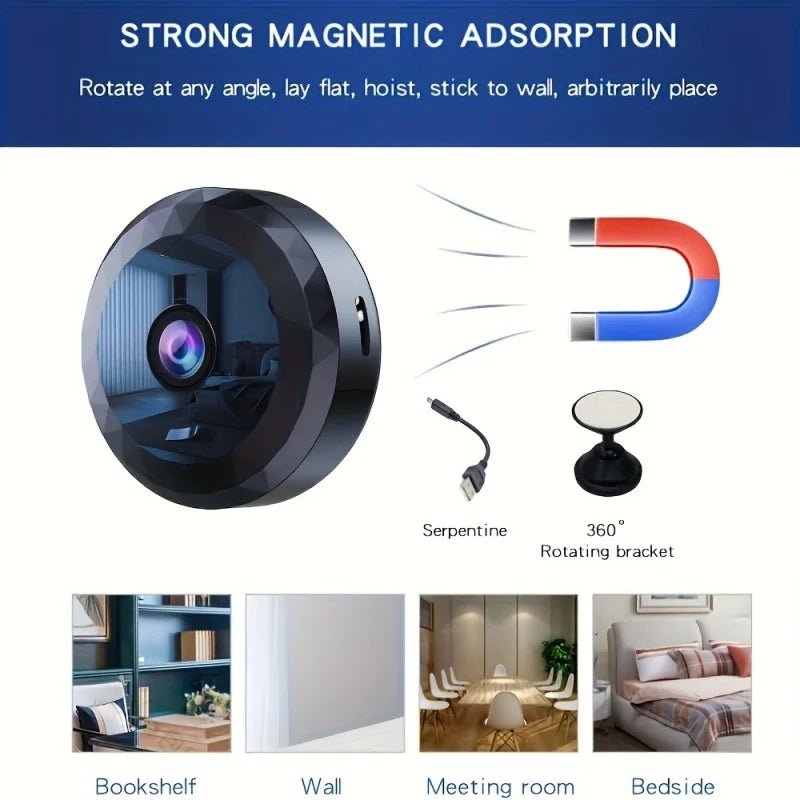Compact black mini wireless security camera with magnetic base and 1080P HD lens — view 4