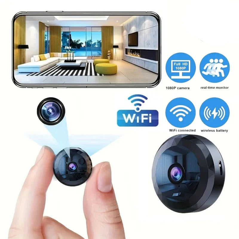Black aluminium alloy mini wireless security camera with magnetic base and 1080P HD lens — view 2