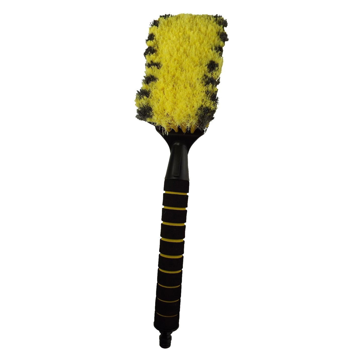 Yellow soft bristle car cleaning brush with ergonomic handle and universal garden hose connector — view 2
