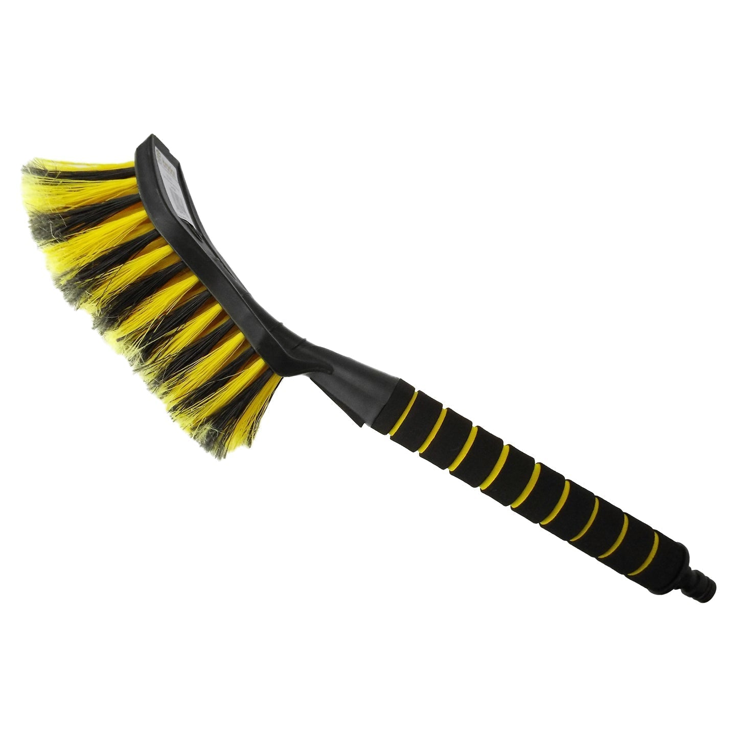 Yellow soft bristle car cleaning brush with ergonomic handle and universal garden hose connector