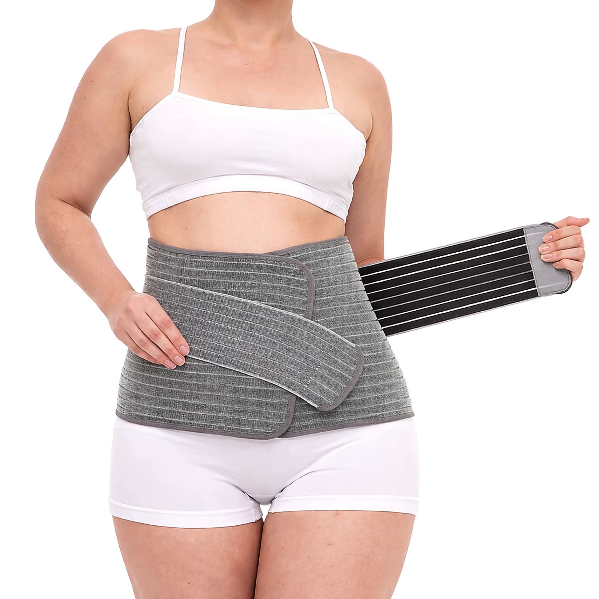 Postpartum recovery belt in soft breathable mesh fabric with adjustable crossover straps for abdominal support.