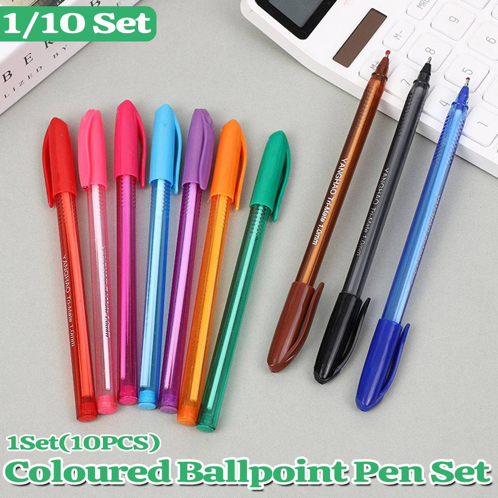 Colourful ballpoint pen set with transparent barrels in multi-colour pack for office and school.