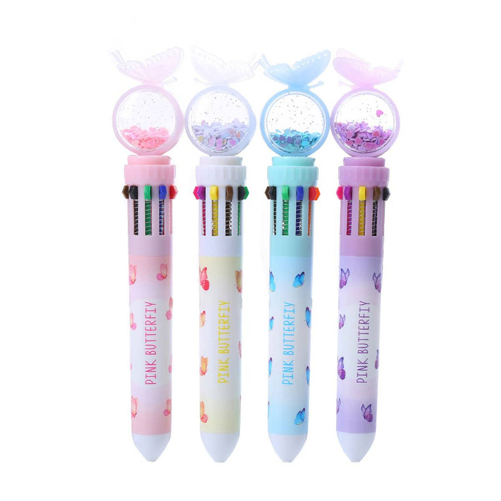 Pastel butterfly 10 colour ballpoint pen with clear sequin dome cap and retractable 0.7mm tip — view 2