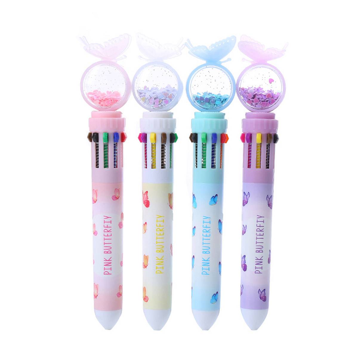 Pastel butterfly 10 colour ballpoint pen with clear sequin dome cap and retractable 0.7mm tip — view 2