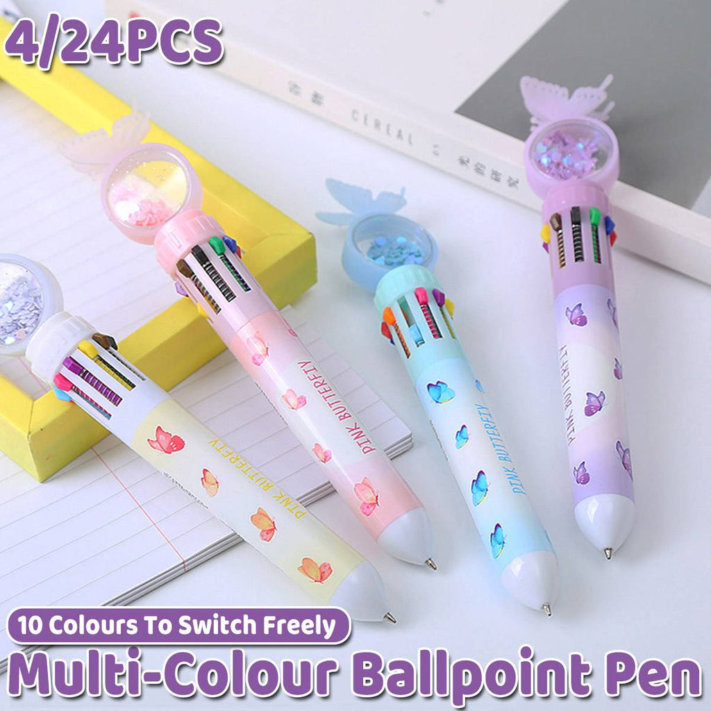 Pastel butterfly 10 colour ballpoint pen with clear sequin dome cap and retractable 0.7mm tip