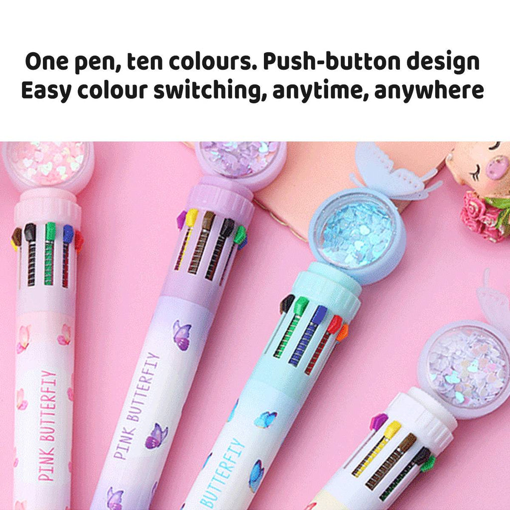 Pastel butterfly 10 colour ballpoint pen with clear sequin dome cap and retractable 0.7mm tip — view 5