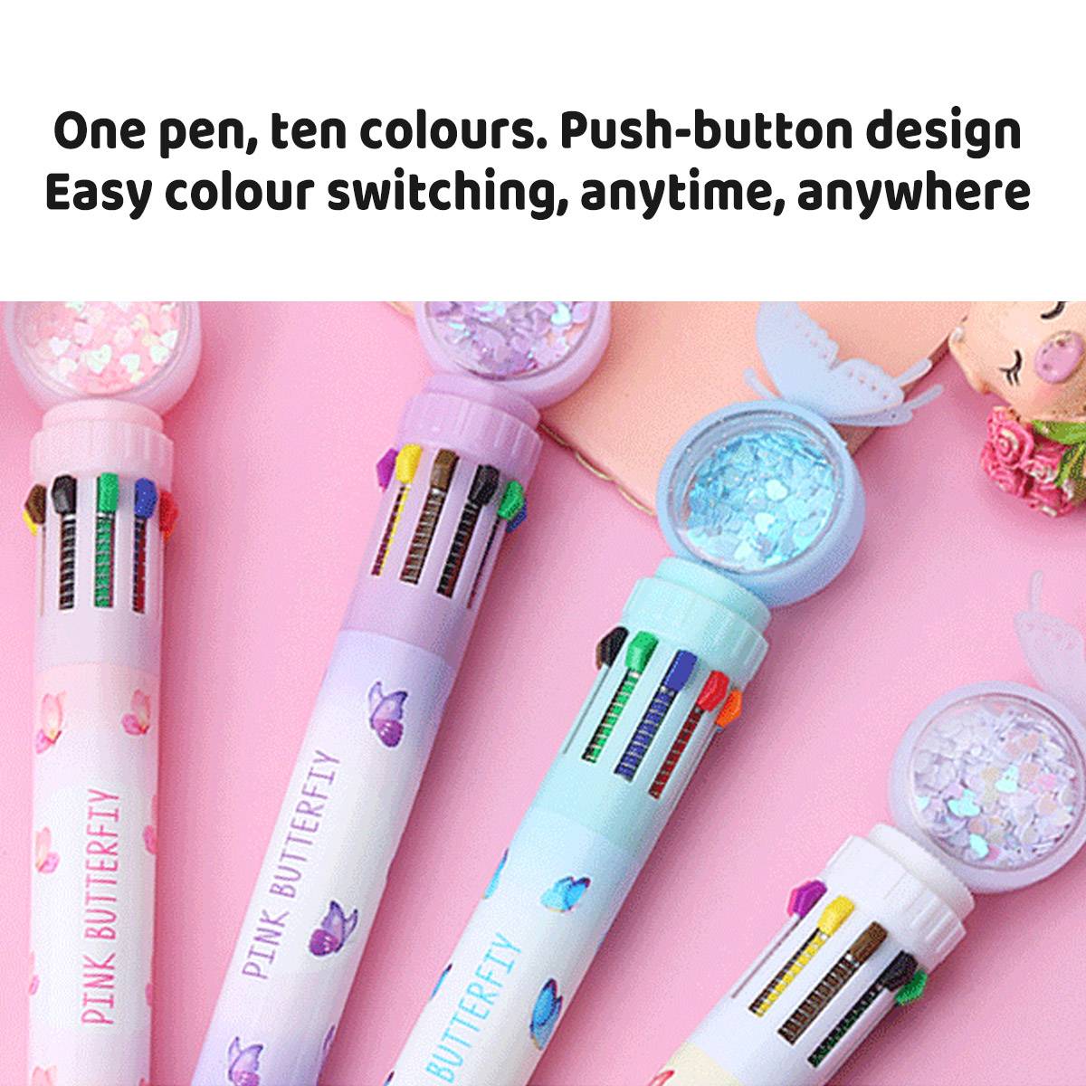Pastel butterfly 10 colour ballpoint pen with clear sequin dome cap and retractable 0.7mm tip — view 5
