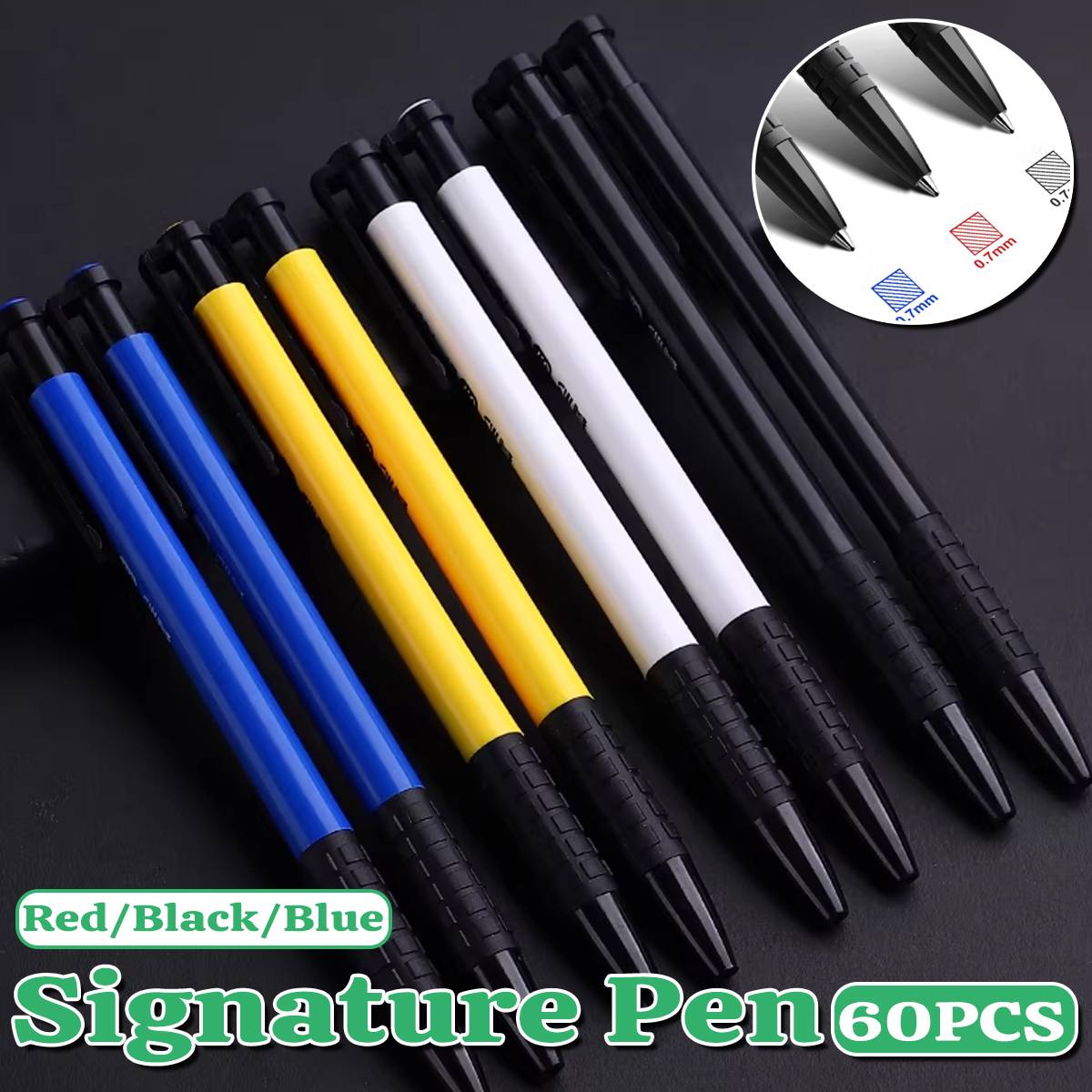 60-piece set of retractable push-button ballpoint pens with rubberized grips and metal clips