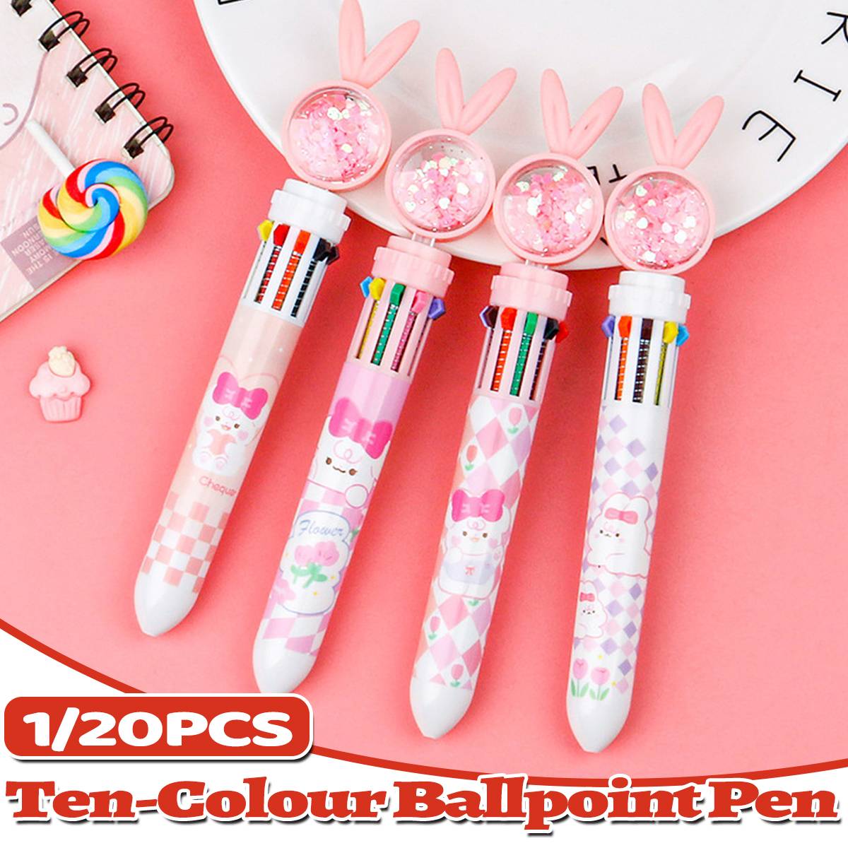 Cute 10-color cartoon ballpoint pen with push-click mechanism and vibrant plastic body