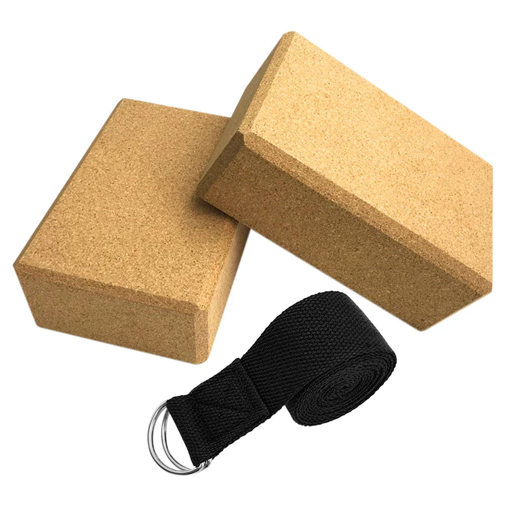 Beige yoga blocks and stretching strap set, featuring two eco-friendly cork blocks and cotton strap