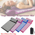 Acupressure mat and ergonomically curved pillow set with travel bag, featuring plastic pressure points.
