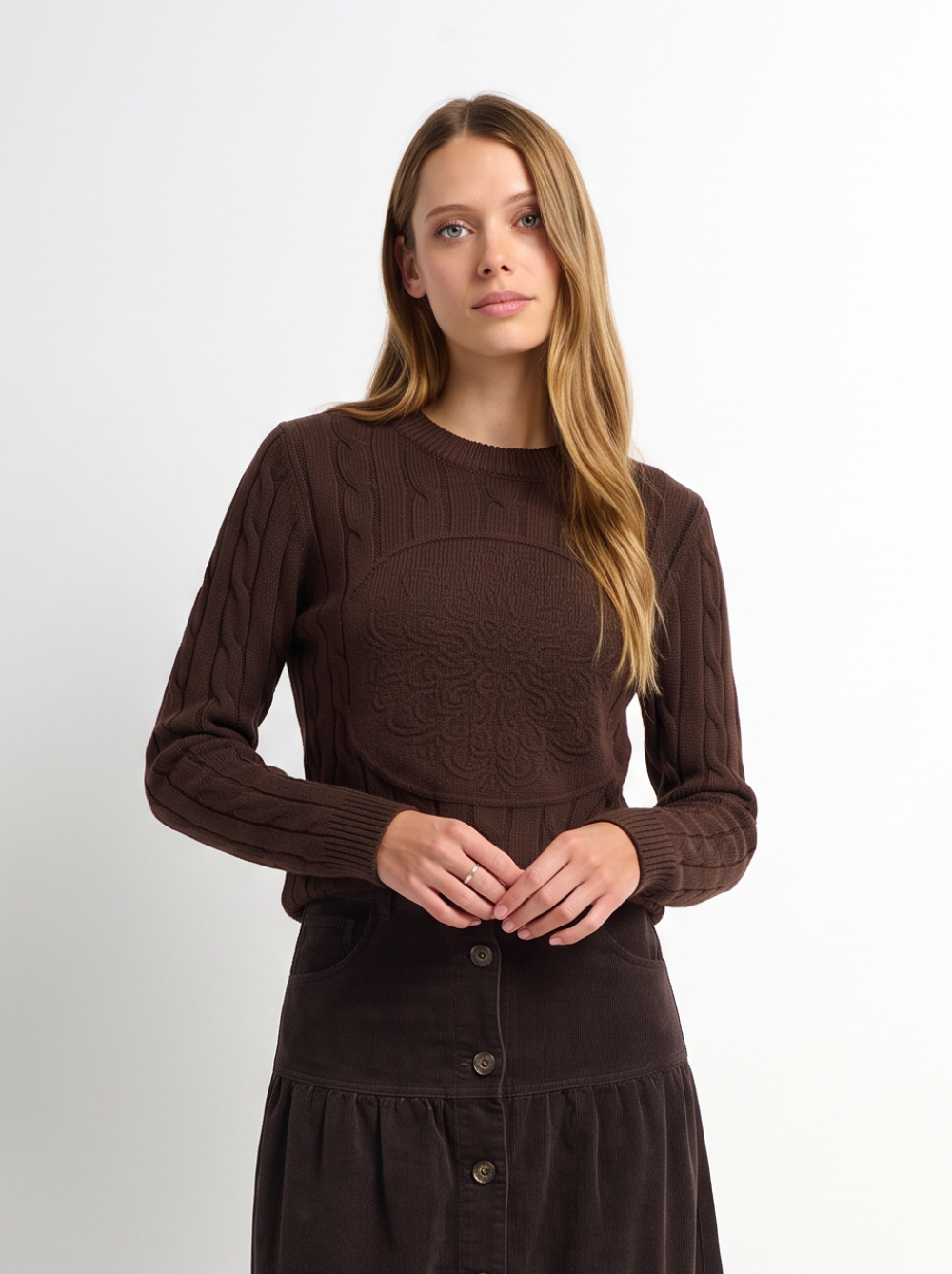 Embossed Cable Sweater - Brown-0