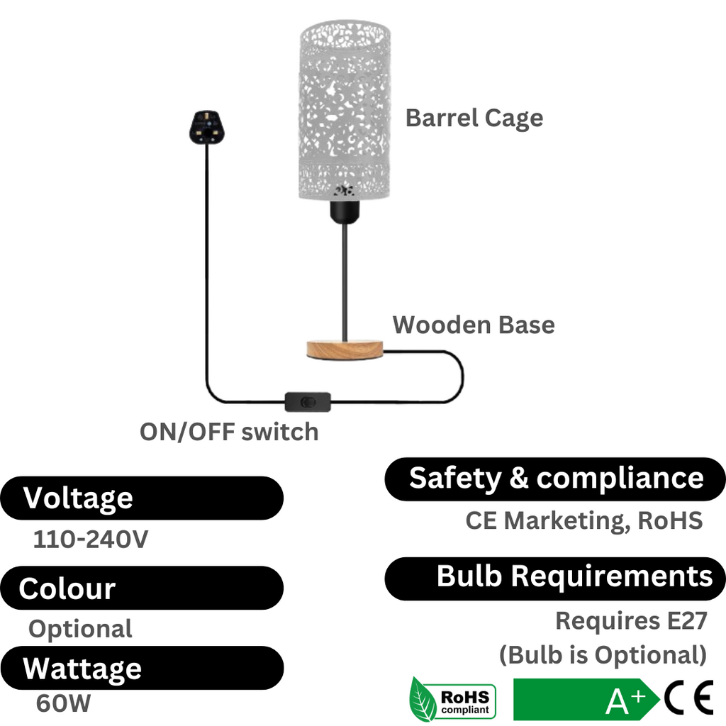 Industrial wire cage table lamp with wooden base black metal shade and exposed bulb — view 2