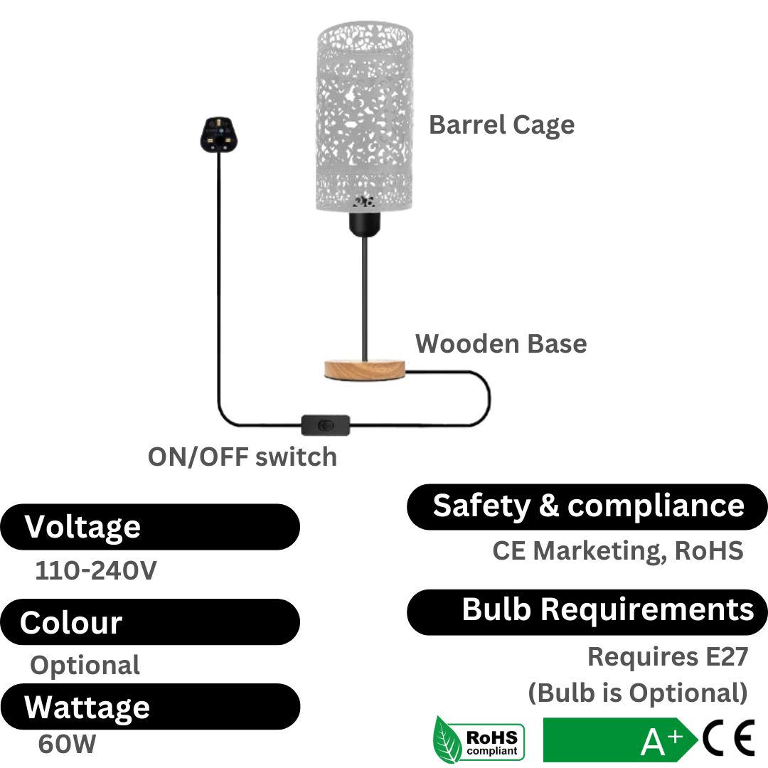 Industrial wire cage table lamp with wooden base black metal shade and exposed bulb — view 2
