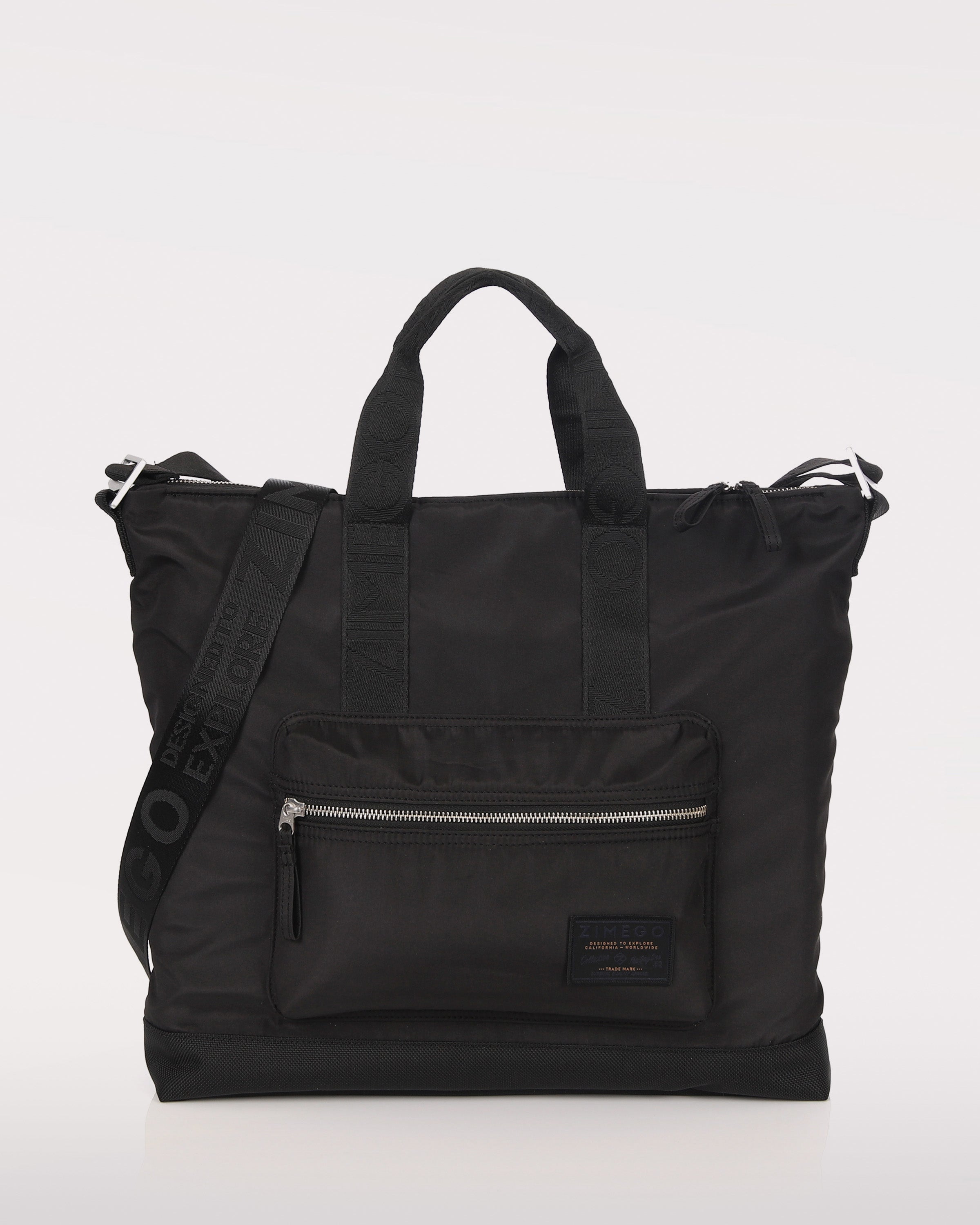 Black nylon unisex Ice laptop tote bag with top handles and a long crossbody strap