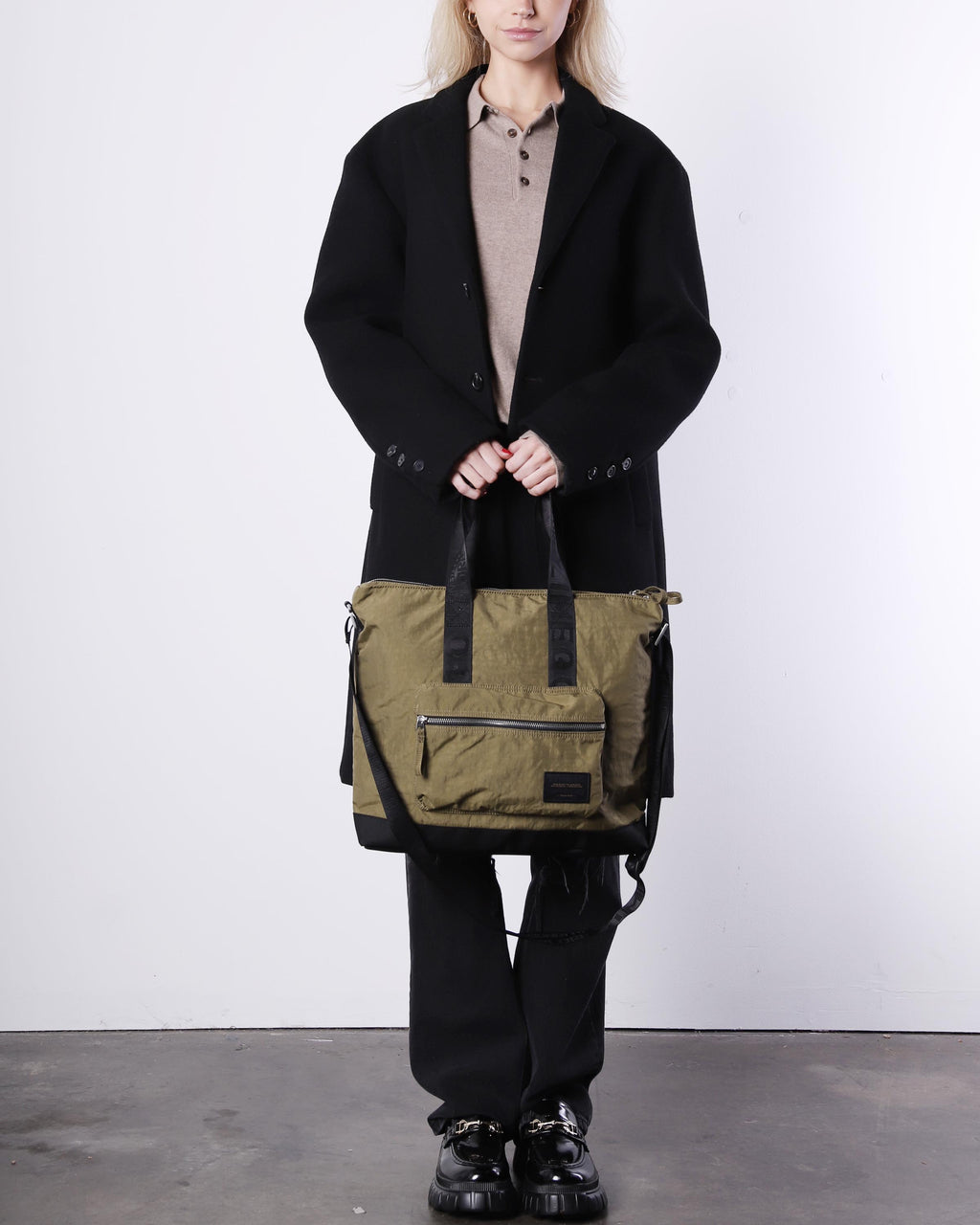 Olive green nylon unisex laptop tote bag with zip pockets and top carrying handles — view 3