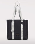 Navy blue nylon laptop tote bag with metallic silver straps and adjustable handles