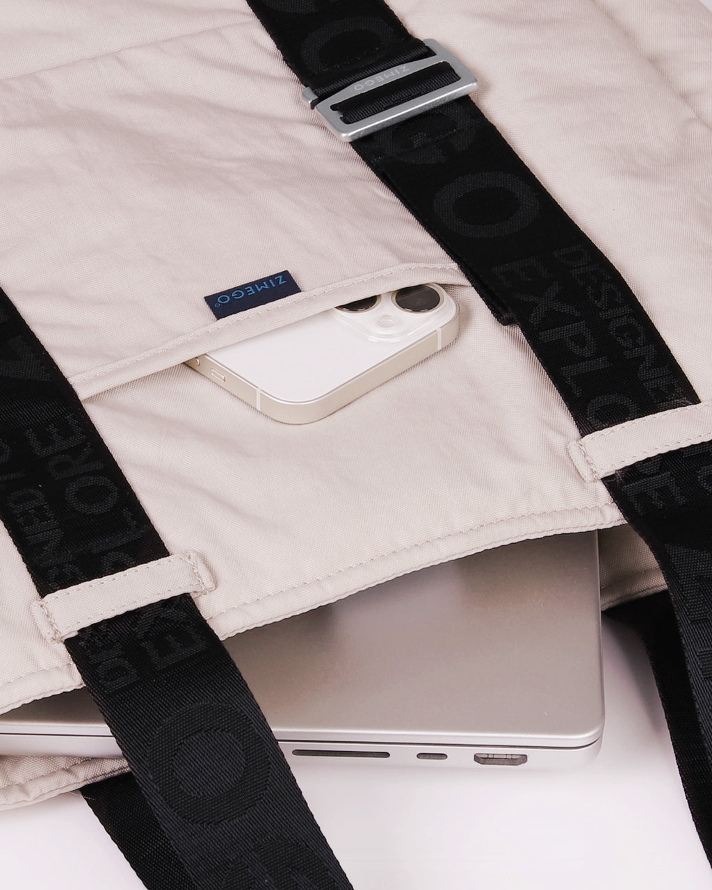 Neo laptop tote bag in mushroom pink nylon featuring adjustable silver straps and spacious compartments — view 5