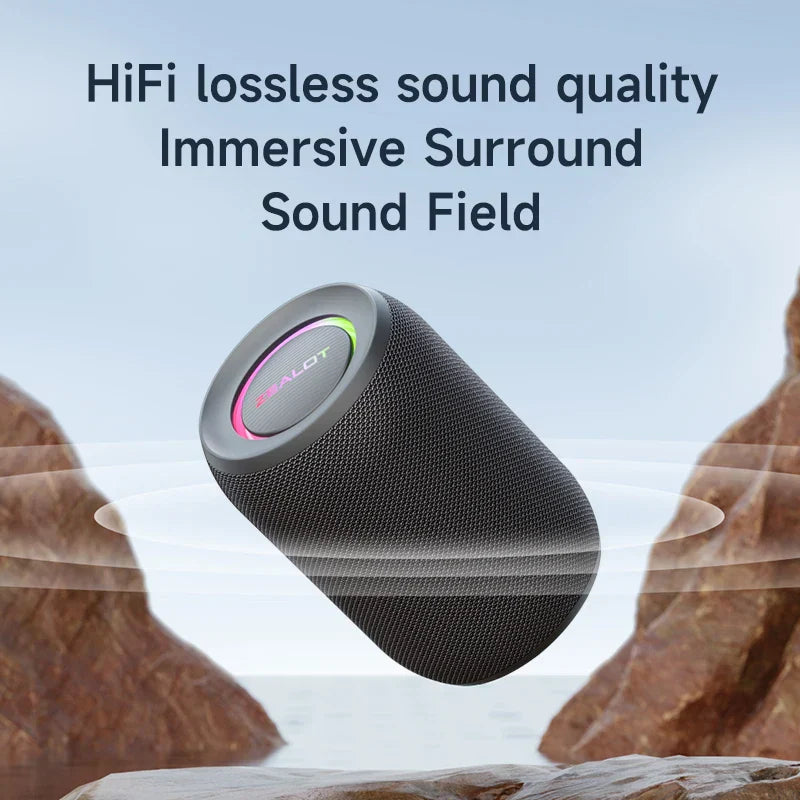 Black waterproof Bluetooth speaker with LED lighting and rugged exterior for outdoor audio playback — view 3