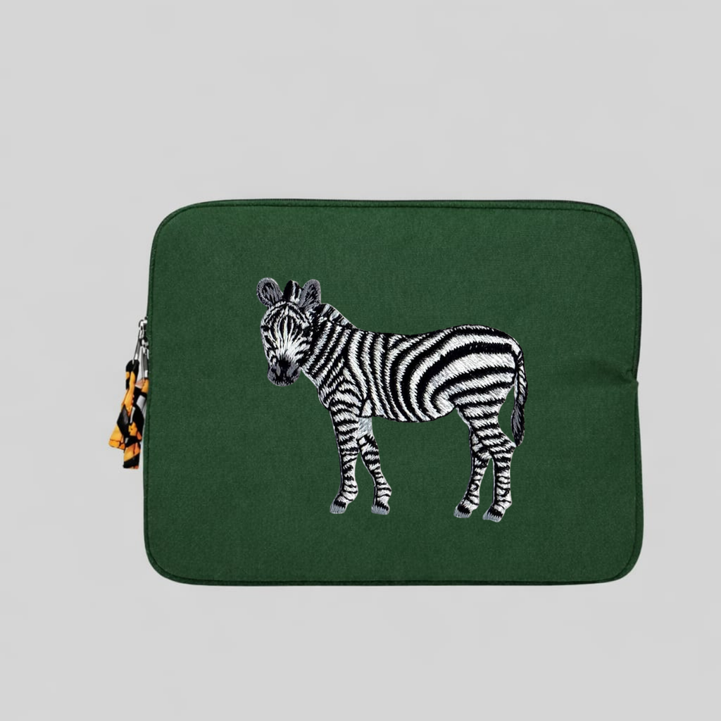 Zebra laptop sleeve crafted from cotton canvas featuring embroidered wildlife design for 13-14 inch laptops — view 2