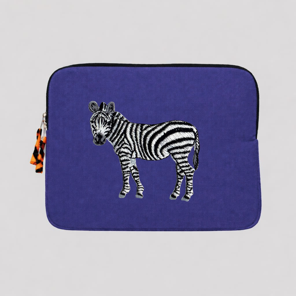 Zebra laptop sleeve crafted from cotton canvas featuring embroidered wildlife design for 13-14 inch laptops — view 4