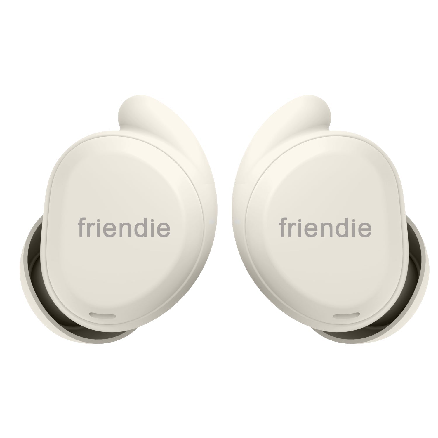 Beige wireless sleep earbuds and matching charging case with soft silicone eartips for daily comfort.