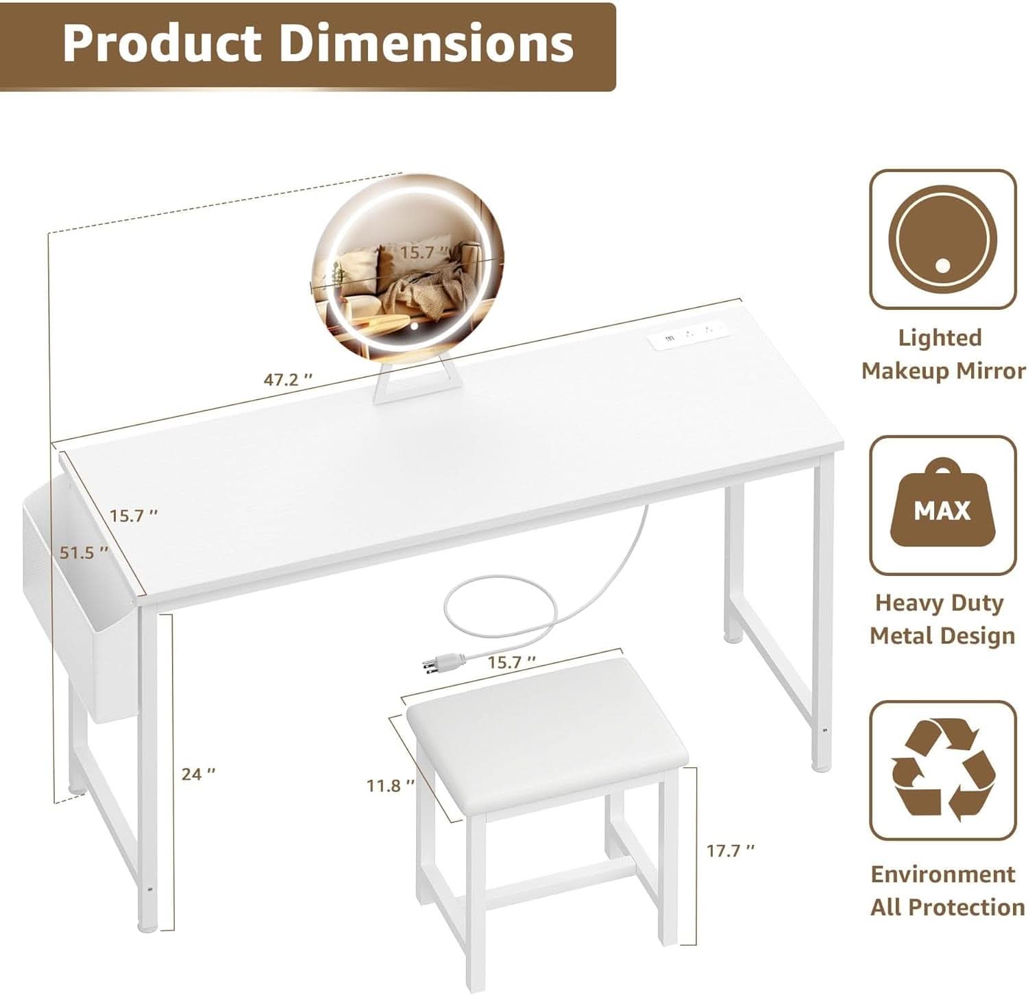 47-inch white vanity desk with round LED lighted mirror, storage pocket, and PU-padded stool — view 4