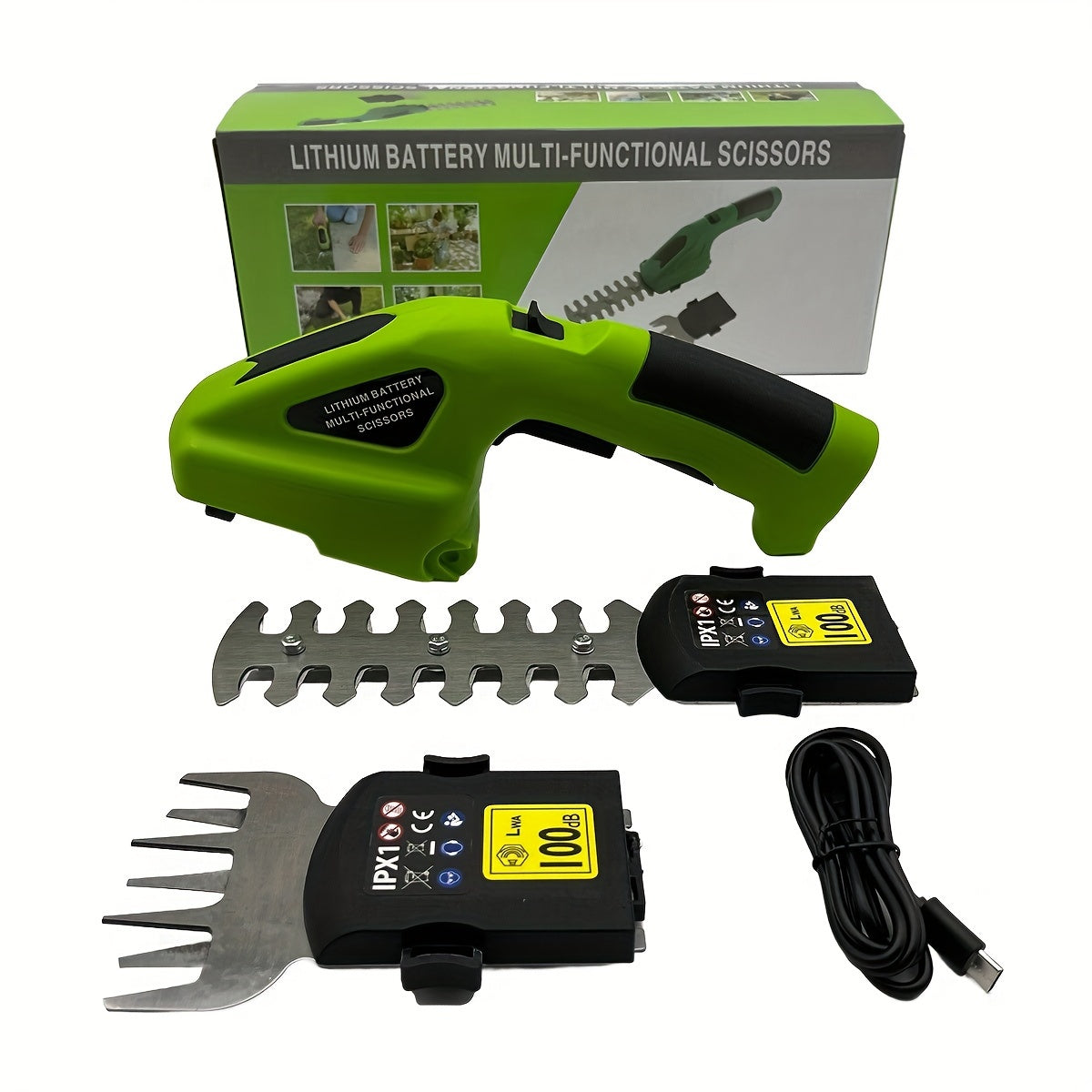 Green 2-in-1 cordless handheld hedge trimmer and pruning shears with blade