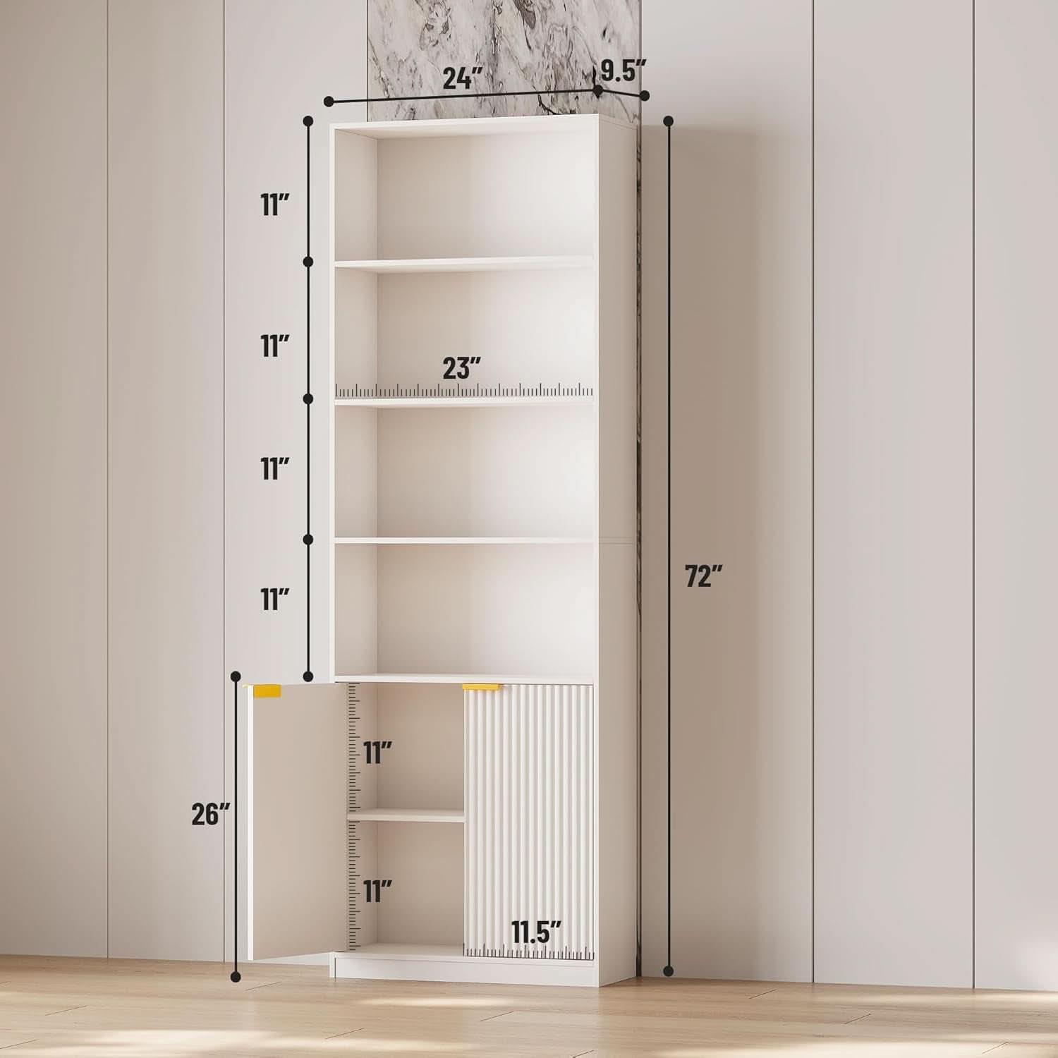 72 inch tall contemporary bookcase with 7 tier shelving and enclosed bottom storage cabinet doors — view 2