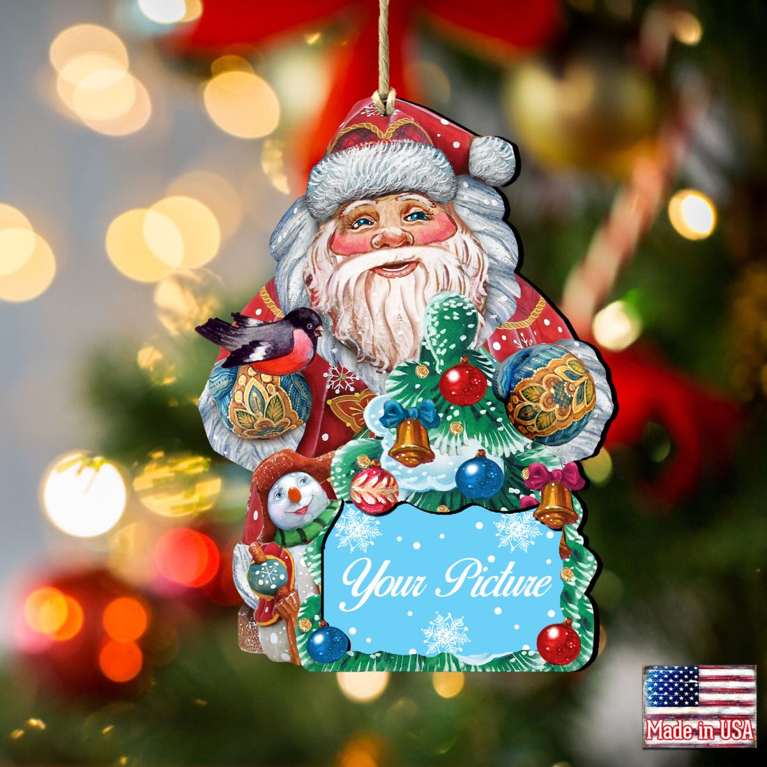 Handcrafted wooden Santa and snowman Christmas tree picture frame ornament holding a photo — view 3