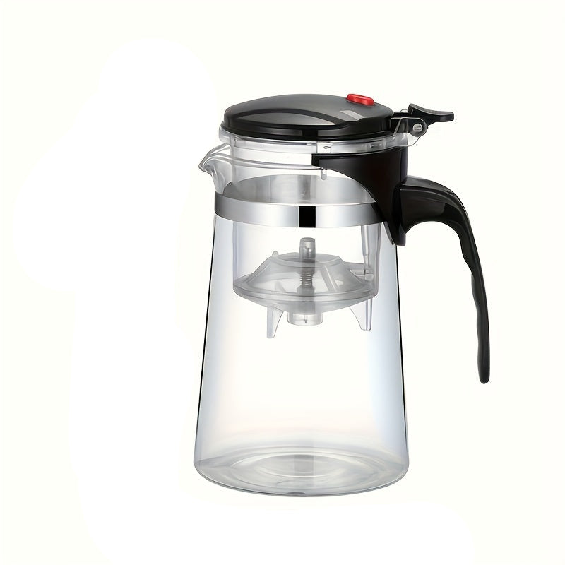 Clear glass tea infuser with one touch press mechanism and black plastic handle, 750ml capacity