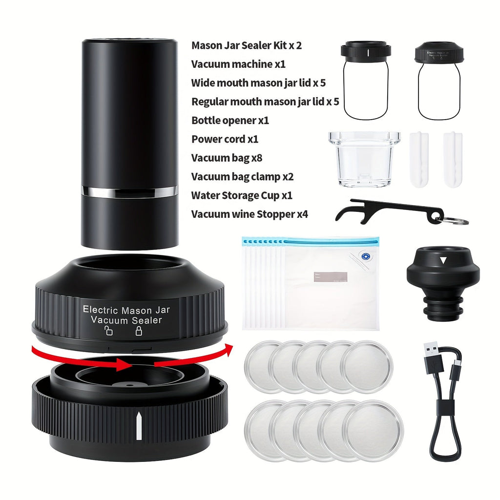Black wireless mason jar vacuum sealer kit with USB charging cable and wine stoppers — view 5