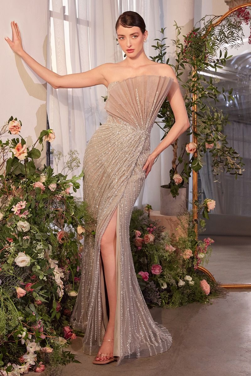 Strapless Sage Green Sequin Evening Gown with High Slit-3