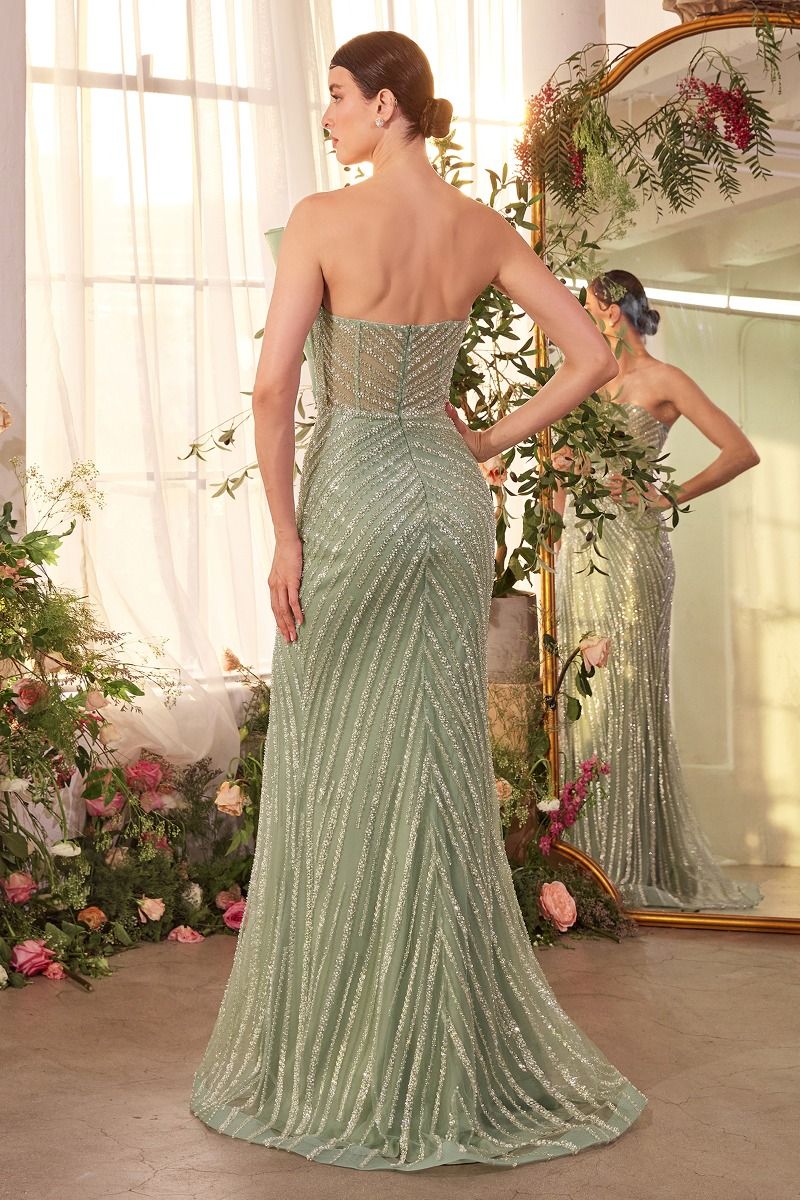 Strapless Sage Green Sequin Evening Gown with High Slit-1