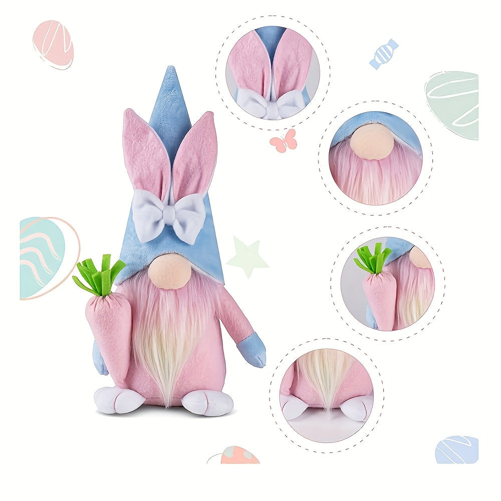 Two soft textile Easter gnome plush toys in vibrant pink and azure colors standing upright — view 4