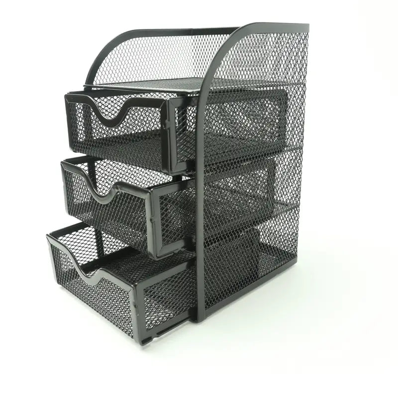 4 tier mesh desk organizer with three drawers in powder coated iron holding office supplies — view 3