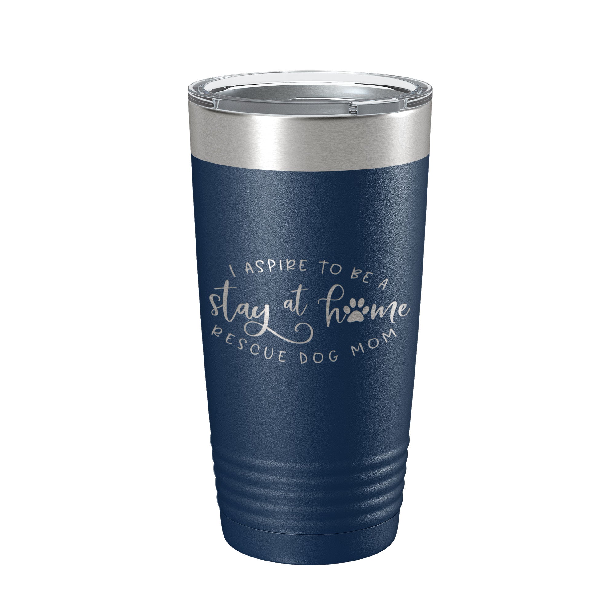 Black 20oz stainless steel travel tumbler laser engraved with rescue dog mom quote and clear lid — view 3