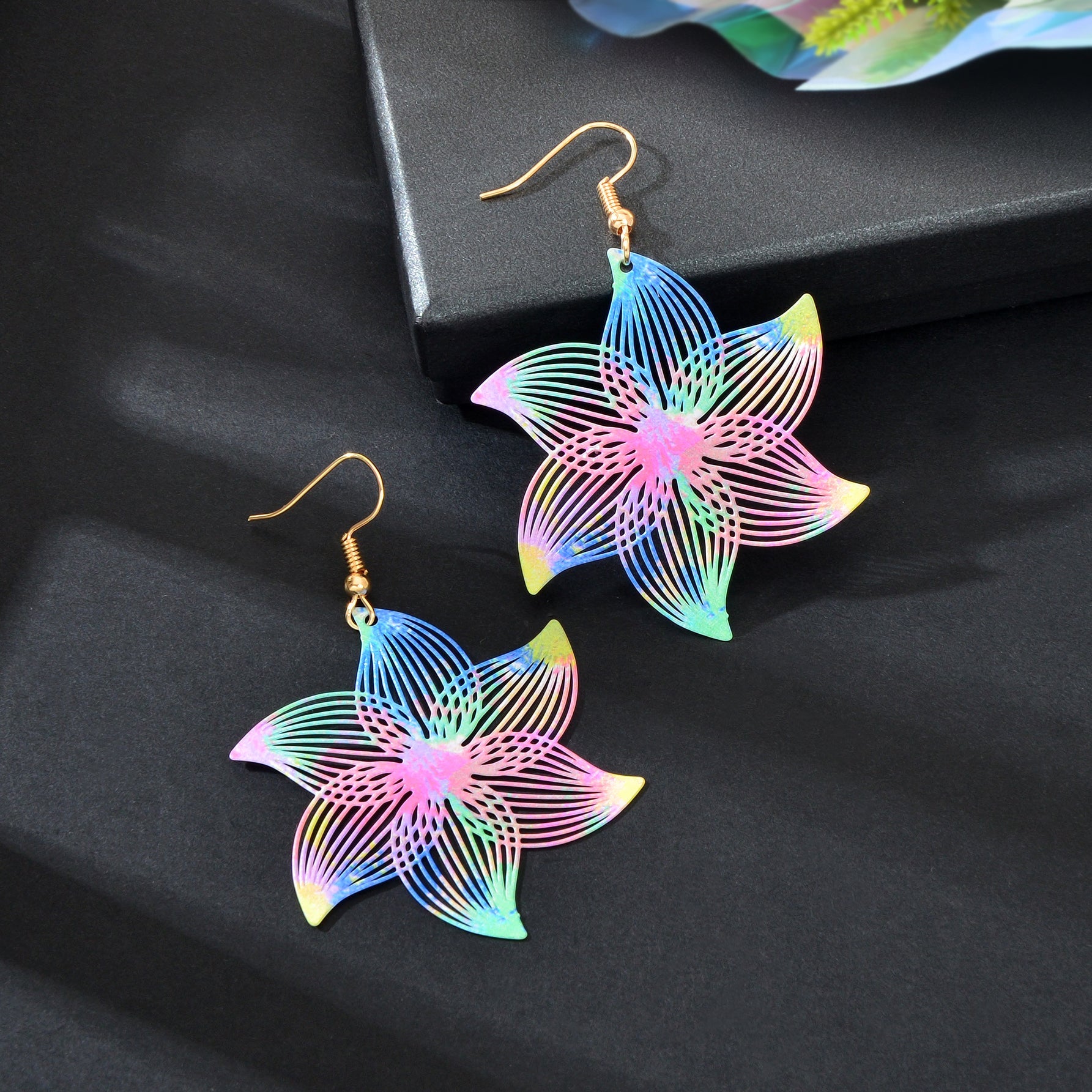 Colorful hollow flower metal dangle earrings in a vibrant Y2K retro style for women — view 5