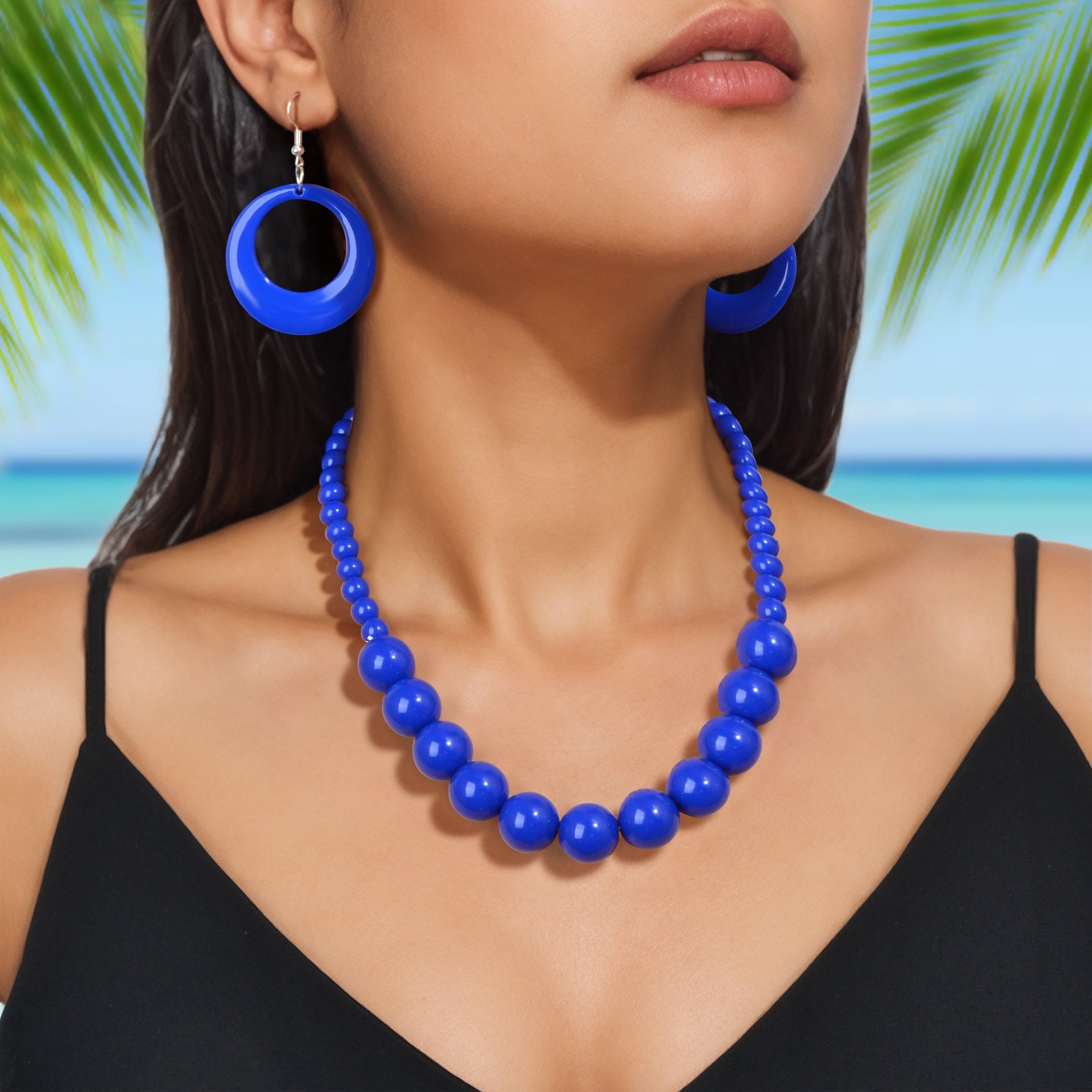 Bohemian vacation chunky bead collar necklace and matching circle dangle earrings jewelry set — view 4