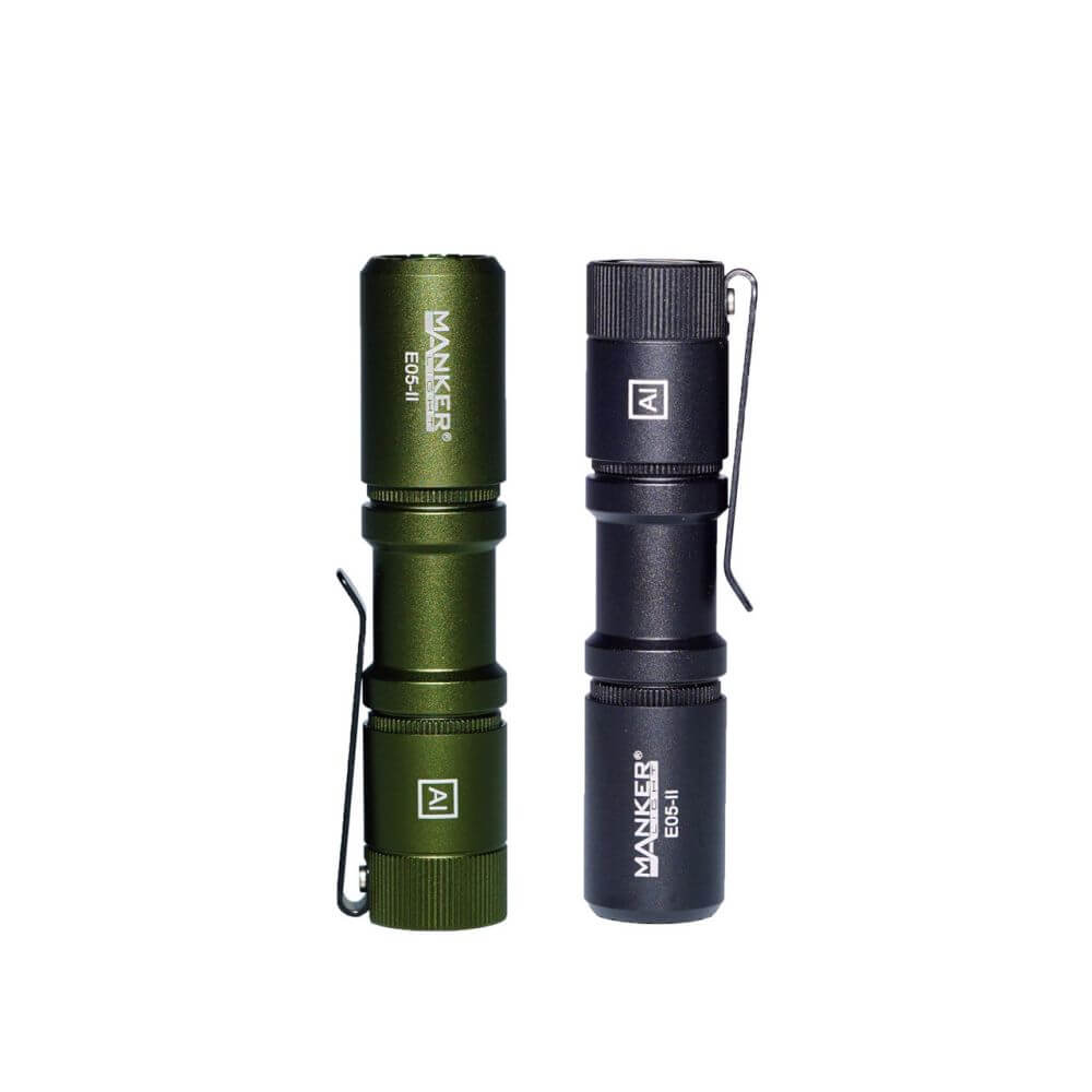 Compact black tactical EDC flashlight with stainless steel deep carry pocket clip.