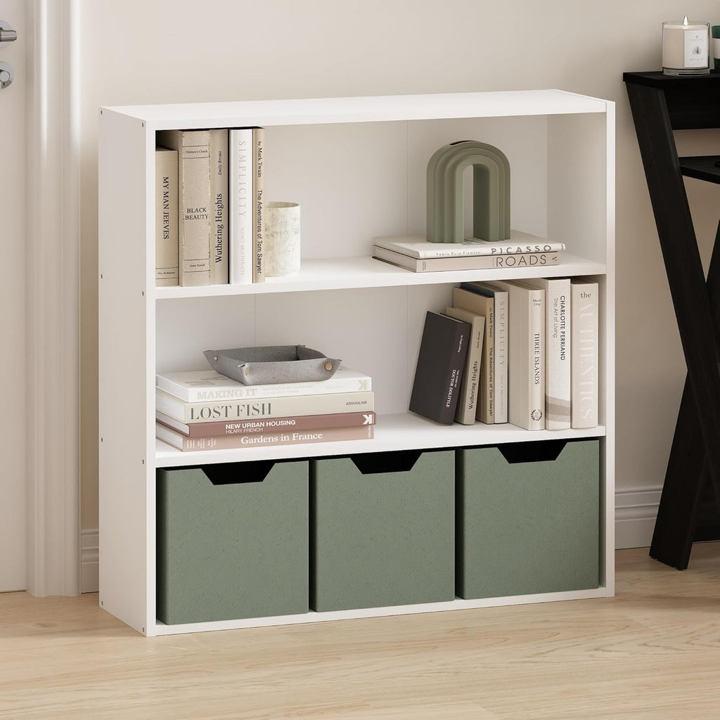 White 3-tier open bookcase, compact minimalist shelving unit for living room or home office decor. — view 2