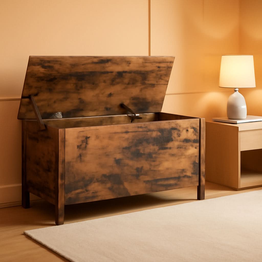 Rustic brown wooden storage bench and toy box with slow-close safety hinges and side rings