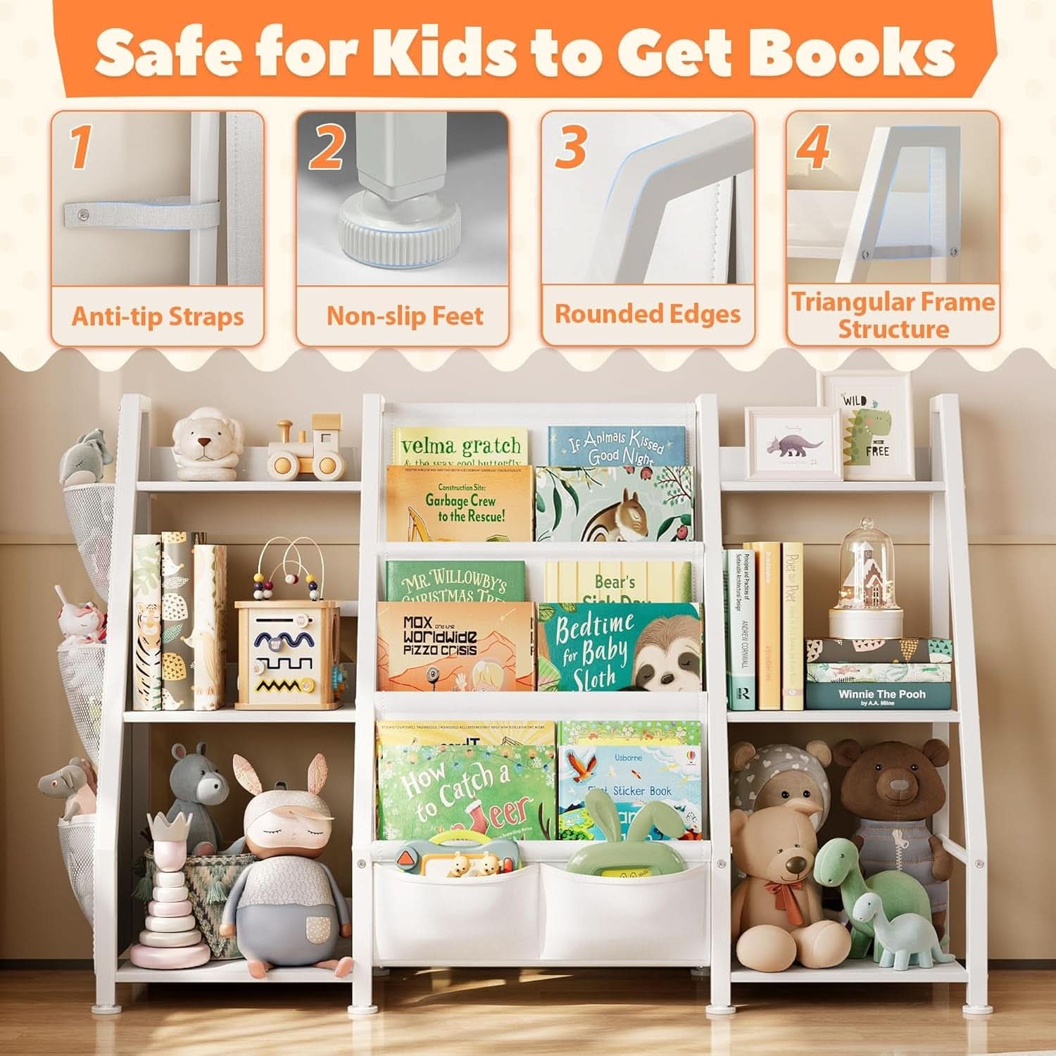 White 3-tier kids bookshelf toy organizer with metal frame, natural wood accents, and fabric pockets — view 5