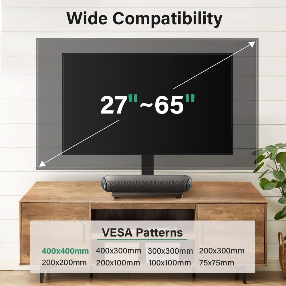 Universal TV stand with a tempered glass base supporting a large flat screen television display — view 3