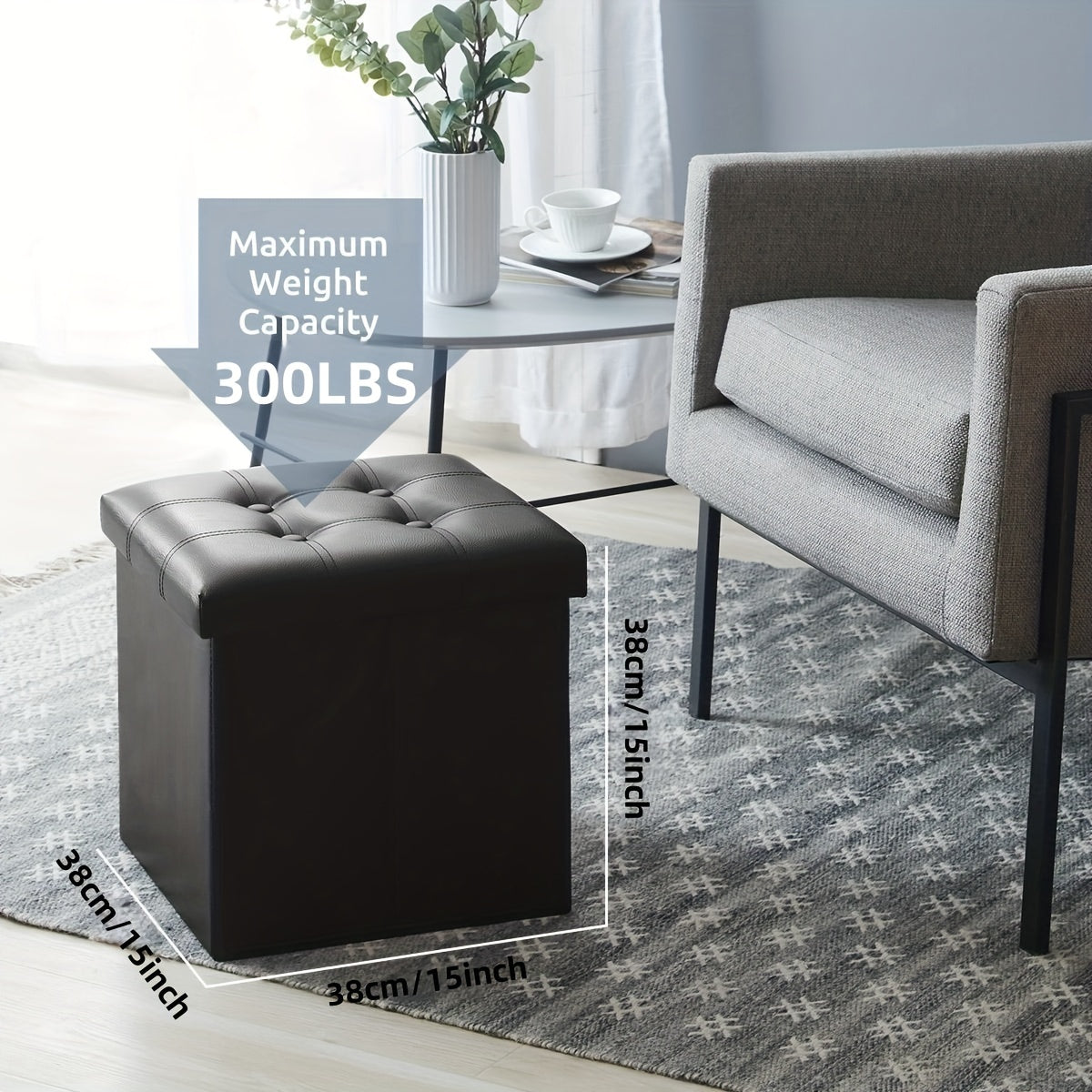 Black foldable faux leather storage stool and footrest for compact living and home organization — view 3