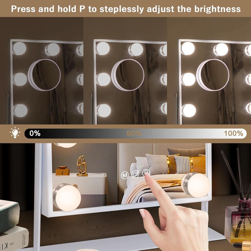 Lighted 12x10 tabletop vanity mirror with 9 LED bulbs, aluminum frame, and 10x magnifying attachment — view 2