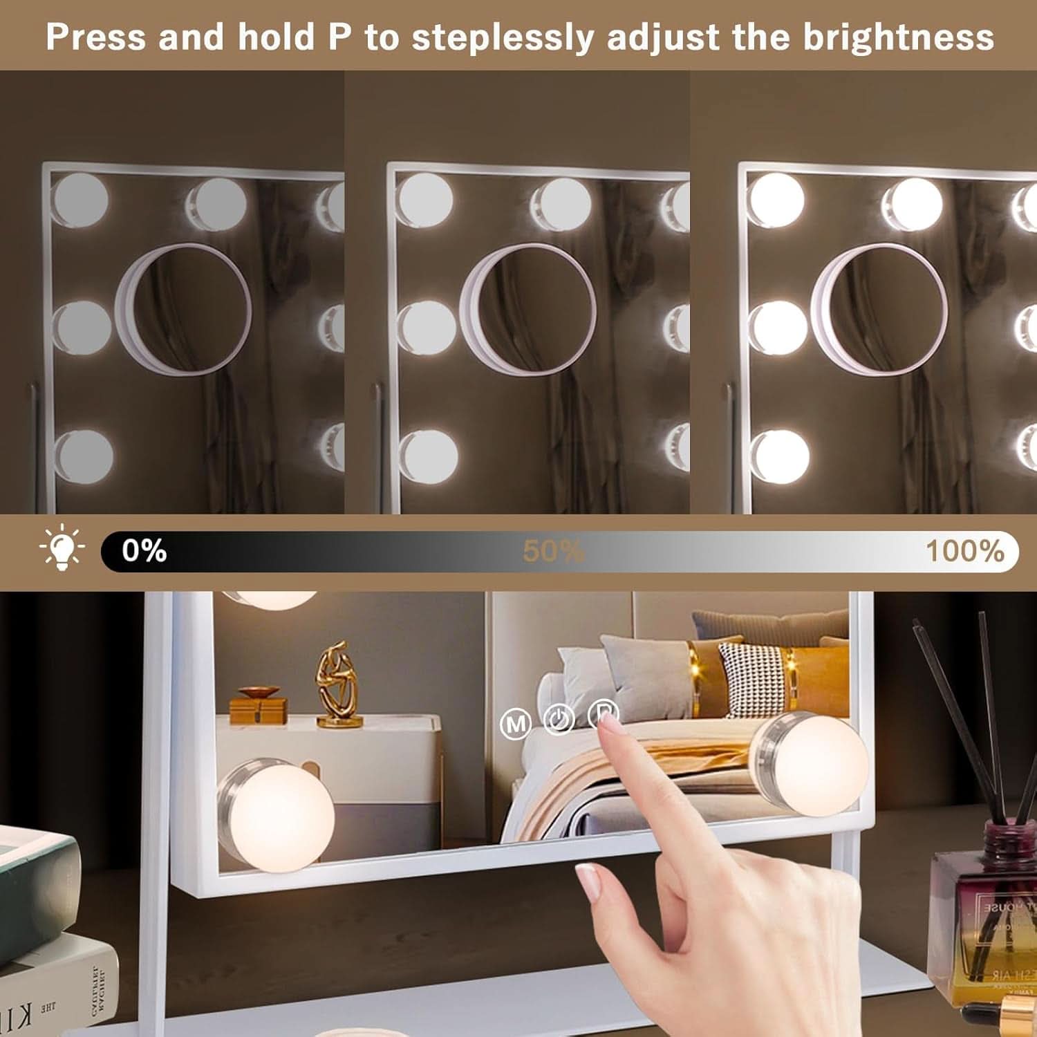 Lighted 12x10 tabletop vanity mirror with 9 LED bulbs, aluminum frame, and 10x magnifying attachment — view 2